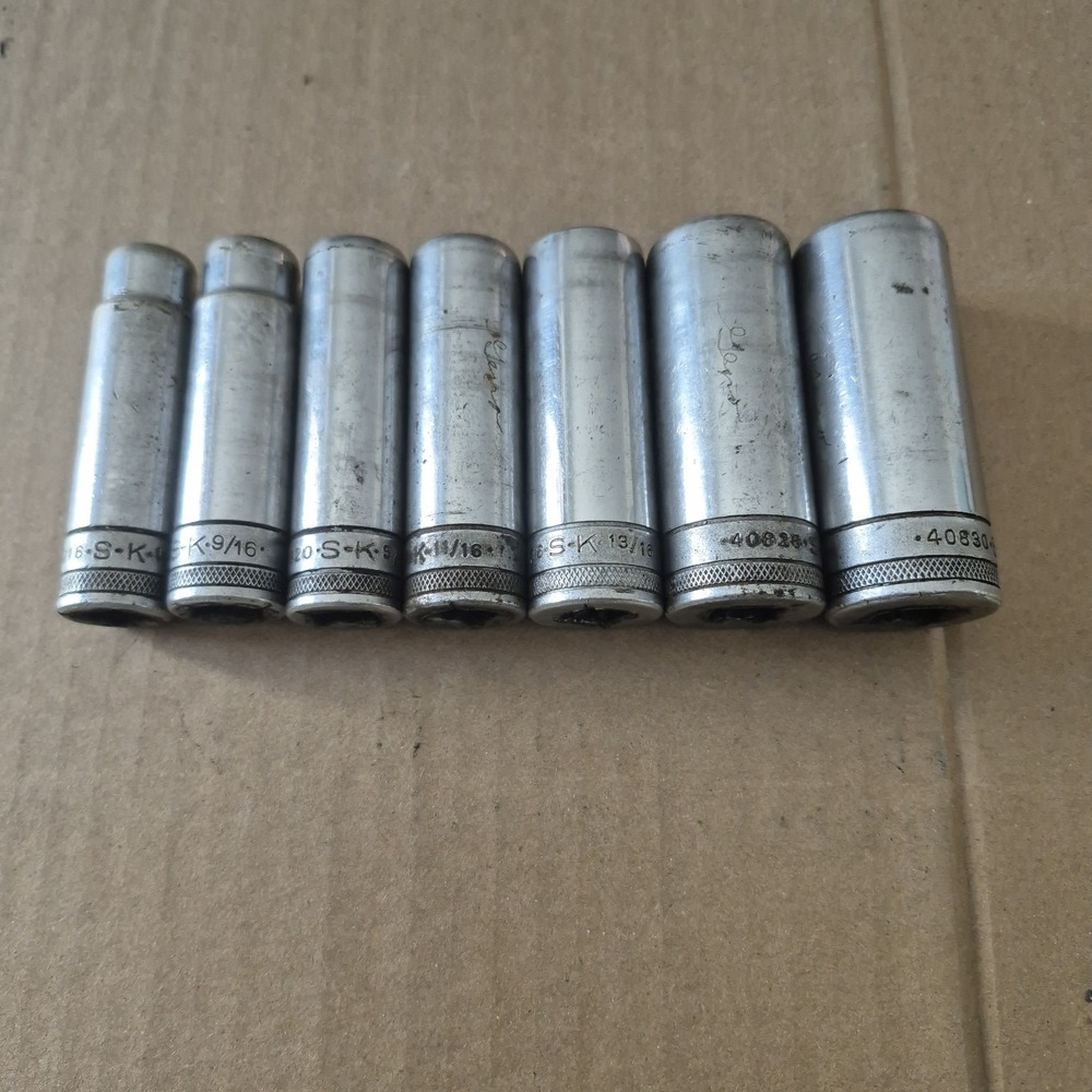 Vintage SK Tools 1/2 Drive Deep Socket Set SAE 6 Point USA 7 Pc